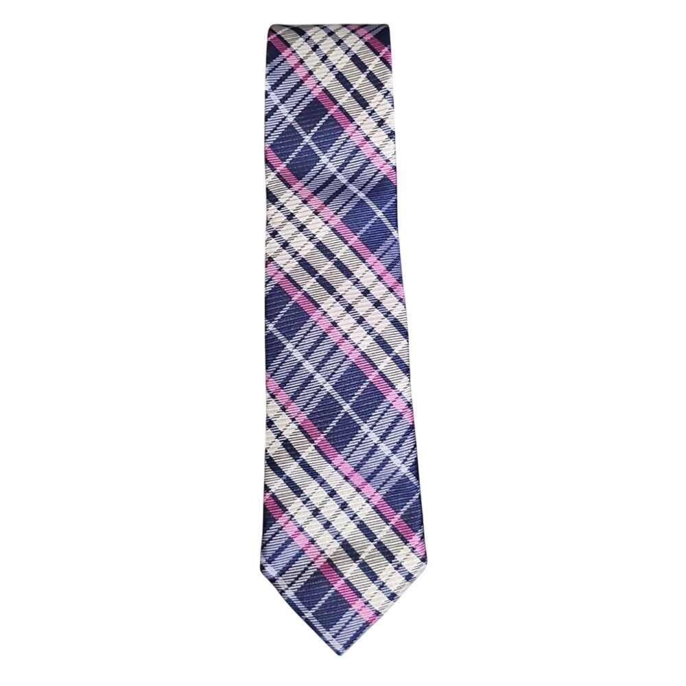 Nordstrom Classic Navy & Pink‎ Plaid Silk Tie Professional Business Necktie